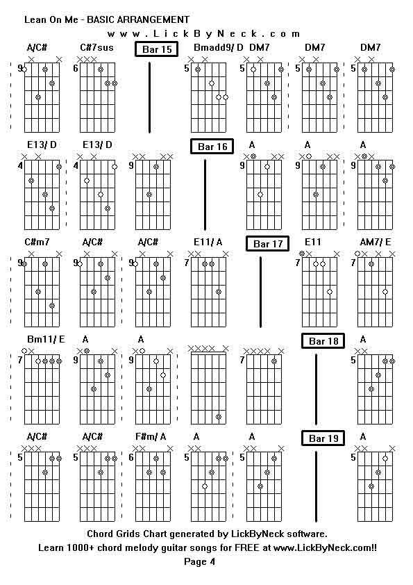 Chord Grids Chart of chord melody fingerstyle guitar song-Lean On Me - BASIC ARRANGEMENT,generated by LickByNeck software.